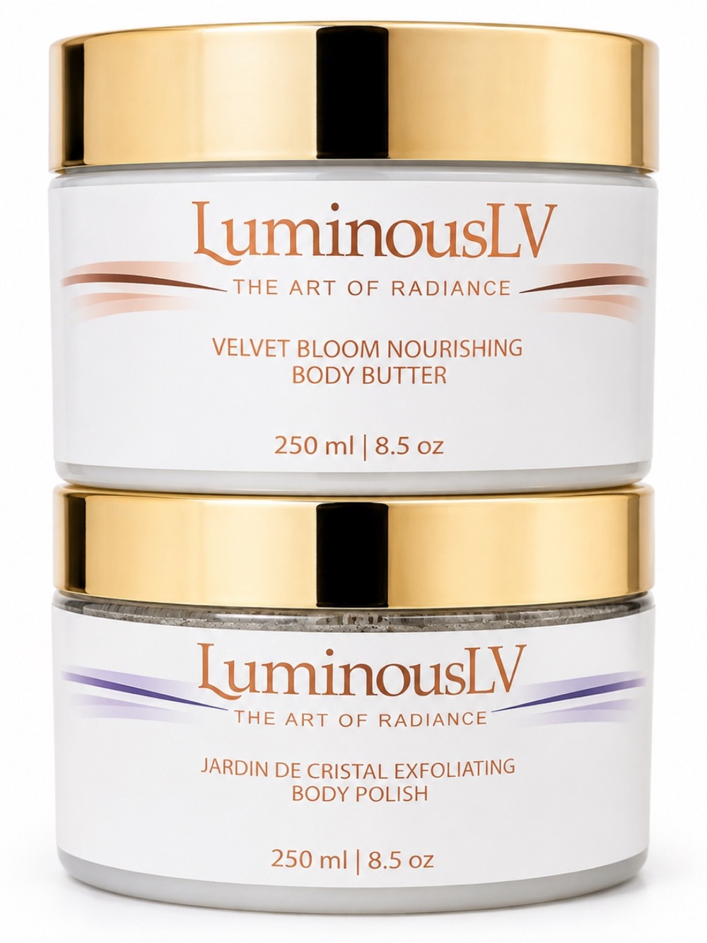 Radiance Body Polish & Nourishing Butter - Gold Lid, White Jars